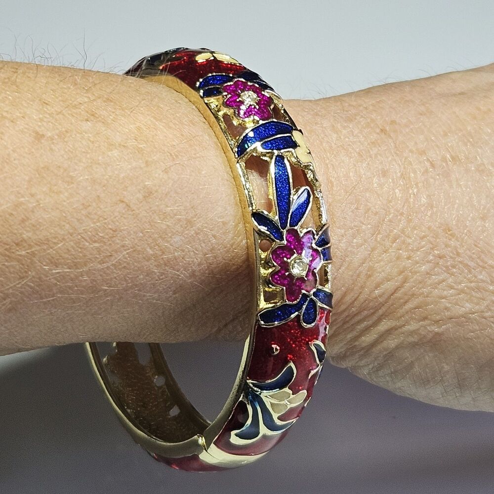 *Sale* Jiu Long Xing Gold Tone Red Blue Cloisonne Flower Hinged Bracelet 7.5"